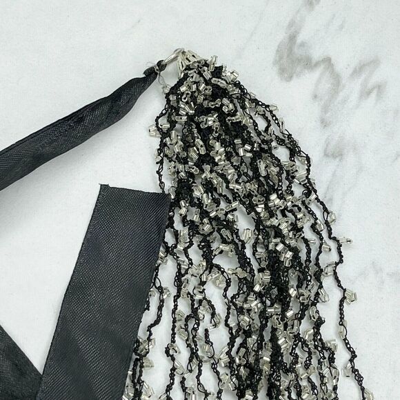 Black Multi Strand Beaded Ribbon Tie Necklace - Picture 9 of 11
